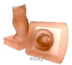 Antique 1930s Bagley Art Deco Frosted Pink Glass Owl Bookends / Book Ends