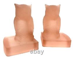 Antique 1930s Bagley Art Deco Frosted Pink Glass Owl Bookends / Book Ends