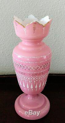 Antique 19c Opaline Victorian Pink Bristol Enameled Art Glass Vase