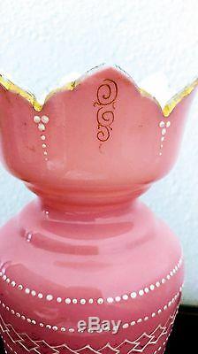 Antique 19c Opaline Victorian Pink Bristol Enameled Art Glass Vase