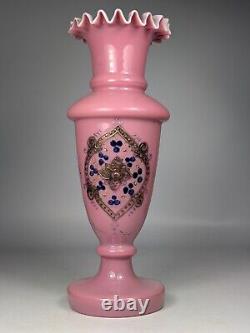 Antique 19th Century Victorian Pink Cased Glass Ruffled Edge Vase Gold Painted