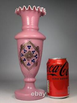 Antique 19th Century Victorian Pink Cased Glass Ruffled Edge Vase Gold Painted