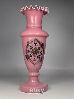 Antique 19th Century Victorian Pink Cased Glass Ruffled Edge Vase Gold Painted