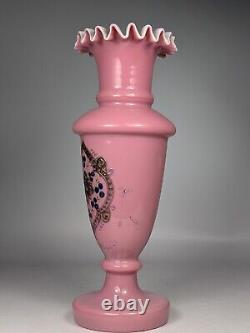 Antique 19th Century Victorian Pink Cased Glass Ruffled Edge Vase Gold Painted
