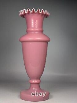 Antique 19th Century Victorian Pink Cased Glass Ruffled Edge Vase Gold Painted