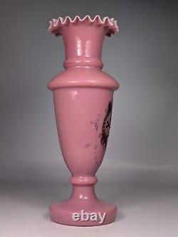 Antique 19th Century Victorian Pink Cased Glass Ruffled Edge Vase Gold Painted