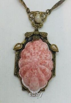 Antique Art Deco Brass Czech Pink & White Glass Necklace
