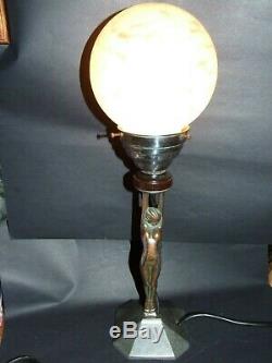Antique Art Deco Chrome Nude Lady Diana Lamp Pink Mottled Glass Shade Vnt 1930's