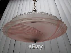 Antique Art Deco Frosted Pink 16 Glass fixture ceiling chandelier Light 1940's