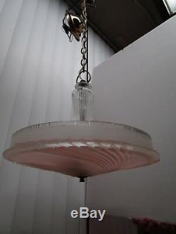 Antique Art Deco Frosted Pink 16 Glass fixture ceiling chandelier Light 1940's