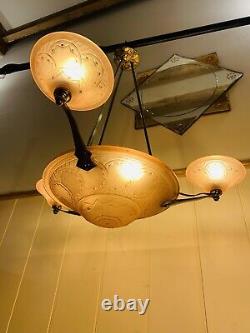 Antique Art Deco Glass & Brass Chandelier Light by Muller Freres 1930s