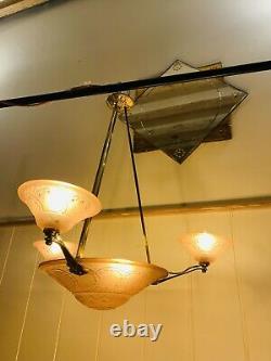 Antique Art Deco Glass & Brass Chandelier Light by Muller Freres 1930s