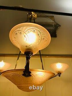 Antique Art Deco Glass & Brass Chandelier Light by Muller Freres 1930s