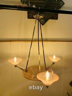 Antique Art Deco Glass & Brass Chandelier Light by Muller Freres 1930s