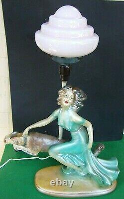 Antique Art Deco Green Painted Plaster Lady Lamp & Dog Pink Glass Shade 1930's