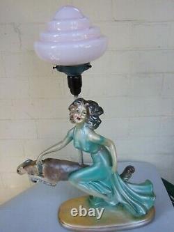 Antique Art Deco Green Painted Plaster Lady Lamp & Dog Pink Glass Shade 1930's