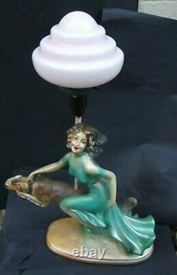 Antique Art Deco Green Painted Plaster Lady Lamp & Dog Pink Glass Shade 1930's