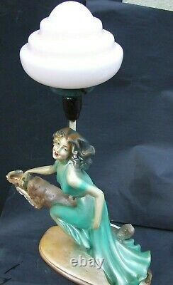 Antique Art Deco Green Painted Plaster Lady Lamp & Dog Pink Glass Shade 1930's