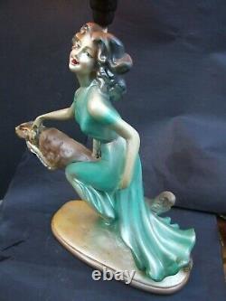 Antique Art Deco Green Painted Plaster Lady Lamp & Dog Pink Glass Shade 1930's