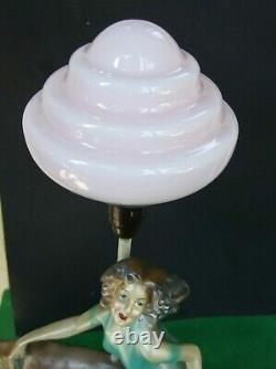 Antique Art Deco Green Painted Plaster Lady Lamp & Dog Pink Glass Shade 1930's
