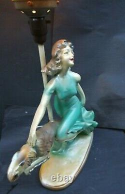 Antique Art Deco Green Painted Plaster Lady Lamp & Dog Pink Glass Shade 1930's