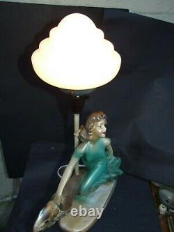 Antique Art Deco Green Painted Plaster Lady Lamp & Dog Pink Glass Shade 1930's