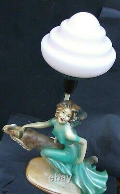 Antique Art Deco Green Painted Plaster Lady Lamp & Dog Pink Glass Shade 1930's