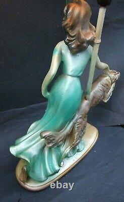 Antique Art Deco Green Painted Plaster Lady Lamp & Dog Pink Glass Shade 1930's