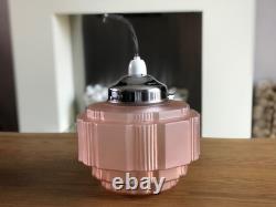 Antique Art Deco Pink Glass Shade Chrome Fittings Ceiling Light Used Nice