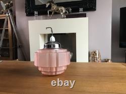 Antique Art Deco Pink Glass Shade Chrome Fittings Ceiling Light Used Nice