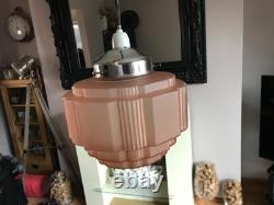 Antique Art Deco Pink Glass Shade Chrome Fittings Ceiling Light Used Nice