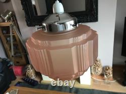 Antique Art Deco Pink Glass Shade Chrome Fittings Ceiling Light Used Nice