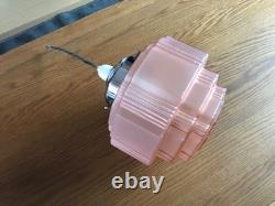 Antique Art Deco Pink Glass Shade Chrome Fittings Ceiling Light Used Nice
