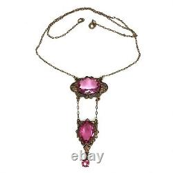 Antique Art Nouveau Paste Glass Necklace Open Bezel Pink Brass Lavalier Vtg