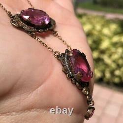 Antique Art Nouveau Paste Glass Necklace Open Bezel Pink Brass Lavalier Vtg