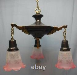 Antique Arts And Crafts Brass & Brown Pan 3 Light Fixture Pink Glass Shades