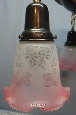 Antique Arts And Crafts Brass & Brown Pan 3 Light Fixture Pink Glass Shades