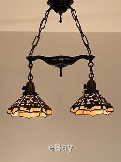 Antique Arts Crafts Deco Brass Iron Rose Filigree Slag Glass Shade Chandelier