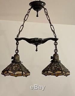 Antique Arts Crafts Deco Brass Iron Rose Filigree Slag Glass Shade Chandelier