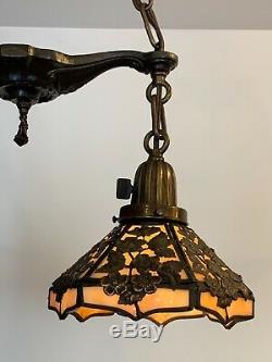 Antique Arts Crafts Deco Brass Iron Rose Filigree Slag Glass Shade Chandelier