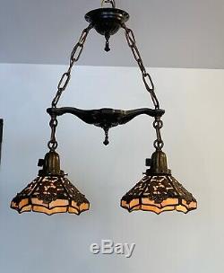 Antique Arts Crafts Deco Brass Iron Rose Filigree Slag Glass Shade Chandelier