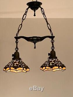 Antique Arts Crafts Deco Brass Iron Rose Filigree Slag Glass Shade Chandelier