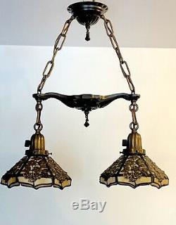 Antique Arts Crafts Deco Brass Iron Rose Filigree Slag Glass Shade Chandelier