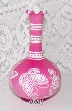 Antique Baccarat Cameo Glass Vase Cut With Butterfly Flowers Pink To White 12cm