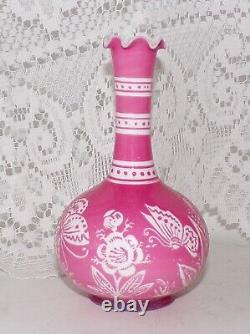 Antique Baccarat Cameo Glass Vase Cut With Butterfly Flowers Pink To White 12cm