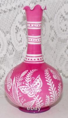 Antique Baccarat Cameo Glass Vase Cut With Butterfly Flowers Pink To White 12cm