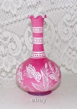 Antique Baccarat Cameo Glass Vase Cut With Butterfly Flowers Pink To White 12cm