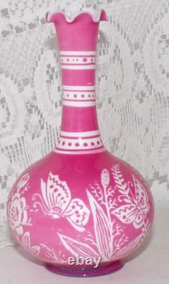 Antique Baccarat Cameo Glass Vase Cut With Butterfly Flowers Pink To White 12cm