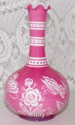 Antique Baccarat Cameo Glass Vase Cut With Butterfly Flowers Pink To White 12cm