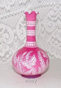 Antique Baccarat Cameo Glass Vase Cut With Butterfly Flowers Pink To White 12cm